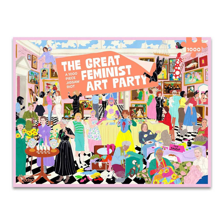 Vibrant women artists at a party; text: The Great Feminist Art Party, Guggenheim Museum, 1000-piece puzzle.