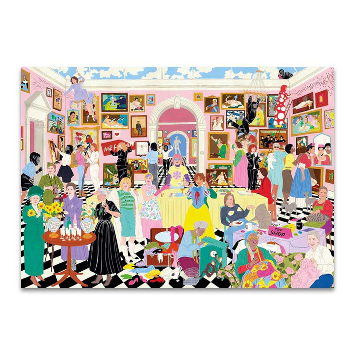 The Great Feminist Art Party puzzle by Guggenheim Museum: vibrant room, women artists, vintage style, art, tea table.