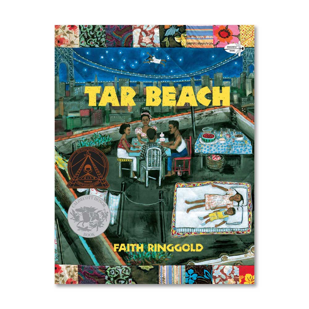 The cover of "Tar Beach," a 32-page hardcover children's book, shows a family at a table and a girl lying on a rooftop with colorful quilts, city skyline, and stars. Award medals appear on the left side.