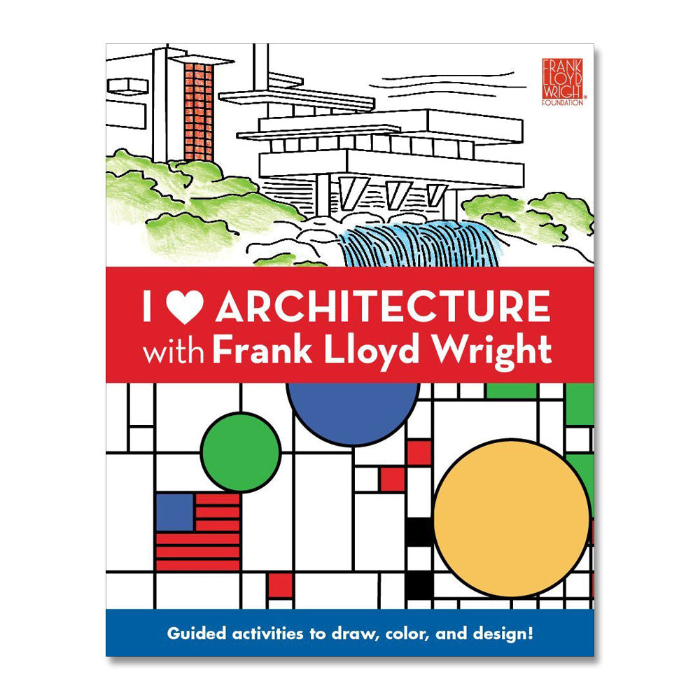 Modern architecture sketch cover; I Heart Architecture with Frank Lloyd Wright activity book by Guggenheim Museum.