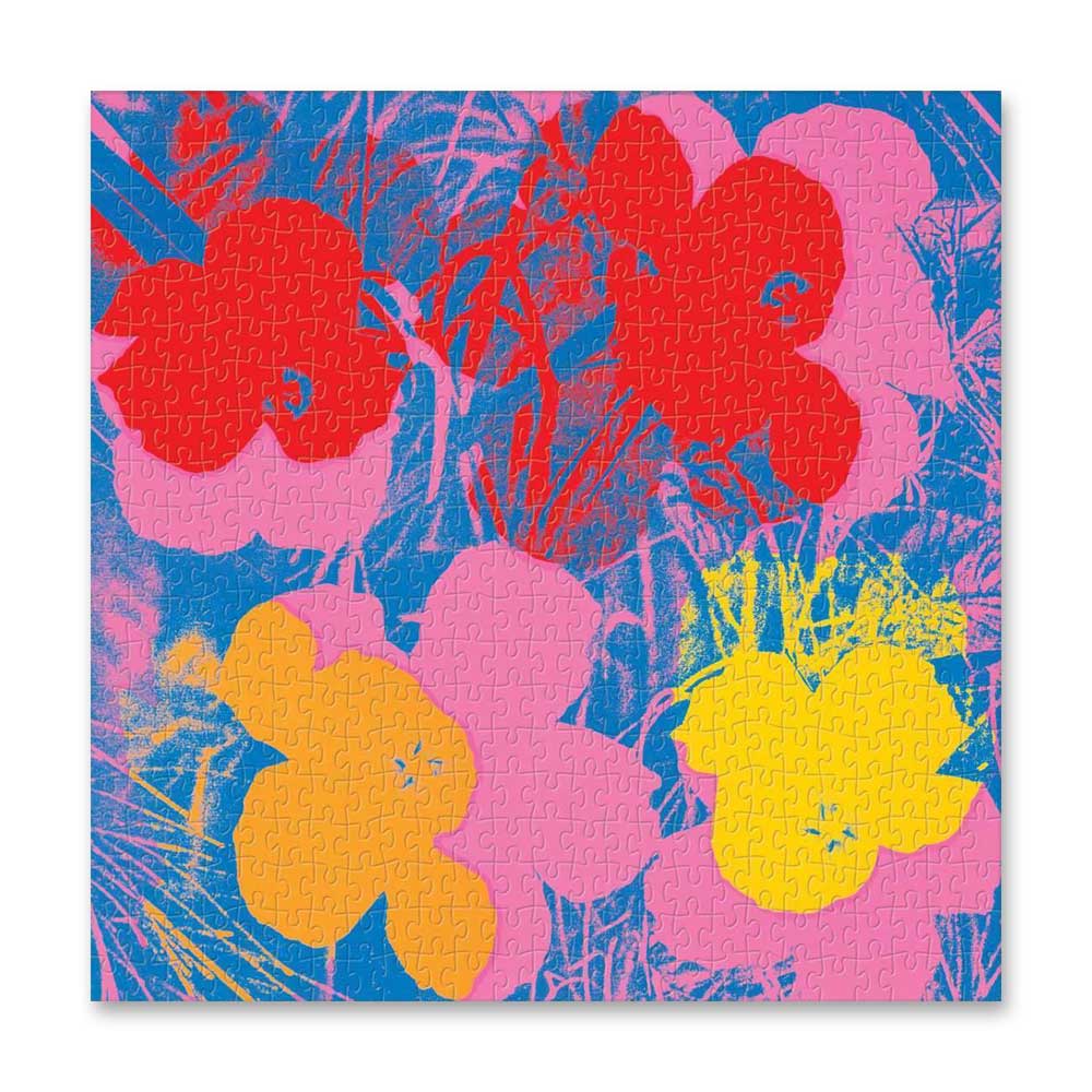 The Guggenheim Museum’s Andy Warhol Flowers 500 Piece Puzzle features bold, colorful blooms on a vibrant background.