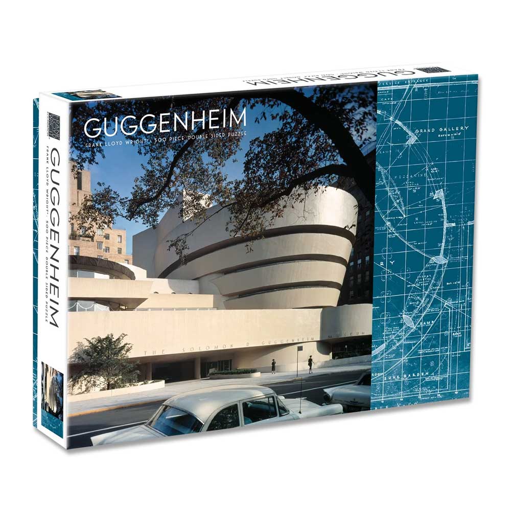 Guggenheim Museum Frank Lloyd Wright Double-Sided 500pc puzzle box shows the building, trees, car & blue map design.