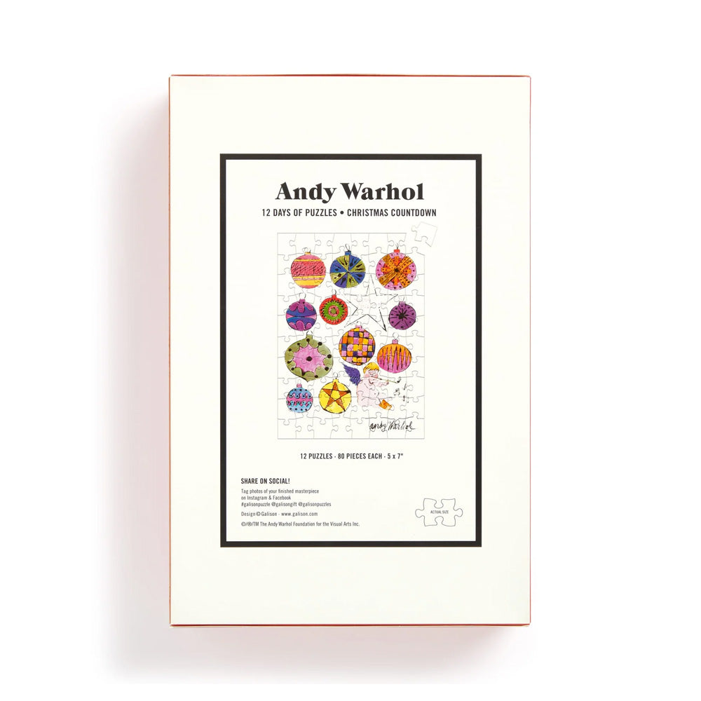 Guggenheim Museum Andy Warhol 12 Days of Puzzles features festive illustrated ornaments on its Christmas countdown box.