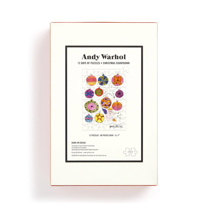 Guggenheim Museum Andy Warhol 12 Days of Puzzles features festive illustrated ornaments on its Christmas countdown box.