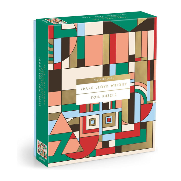 A colorful Guggenheim Museum 1000-piece puzzle, Frank Lloyd Wright December Gifts, features abstract foil shapes.