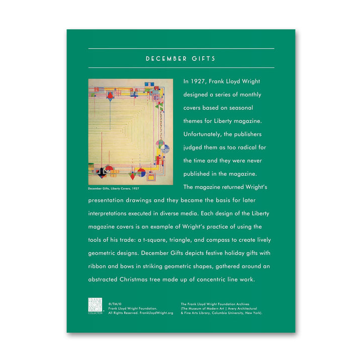 The Guggenheim’s Frank Lloyd Wright December Gifts 1000 Piece Foil Puzzle highlights festive, geometric card designs.