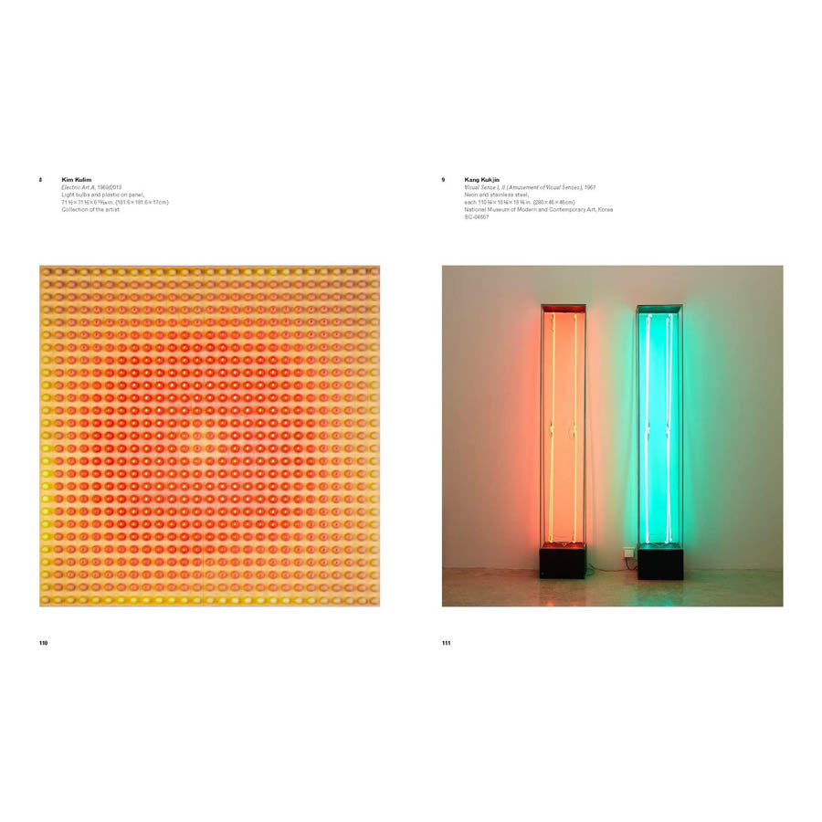 Left: A square artwork of orange and yellow circles forms an optical illusion, inspired by Only the Young: Experimental Art in Korea, 1960s–1970s. Right: Two vertical light sculptures glow orange and teal side by side.