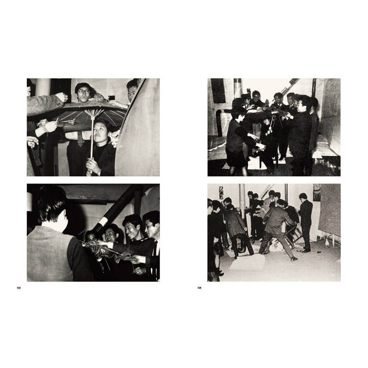 Four black-and-white photos from *Only the Young: Experimental Art in Korea, 1960s–1970s* showcase indoor group scenes—two with an umbrella and two with a camera crew—highlighting the collaborative, experimental essence of Korean avant-garde art.