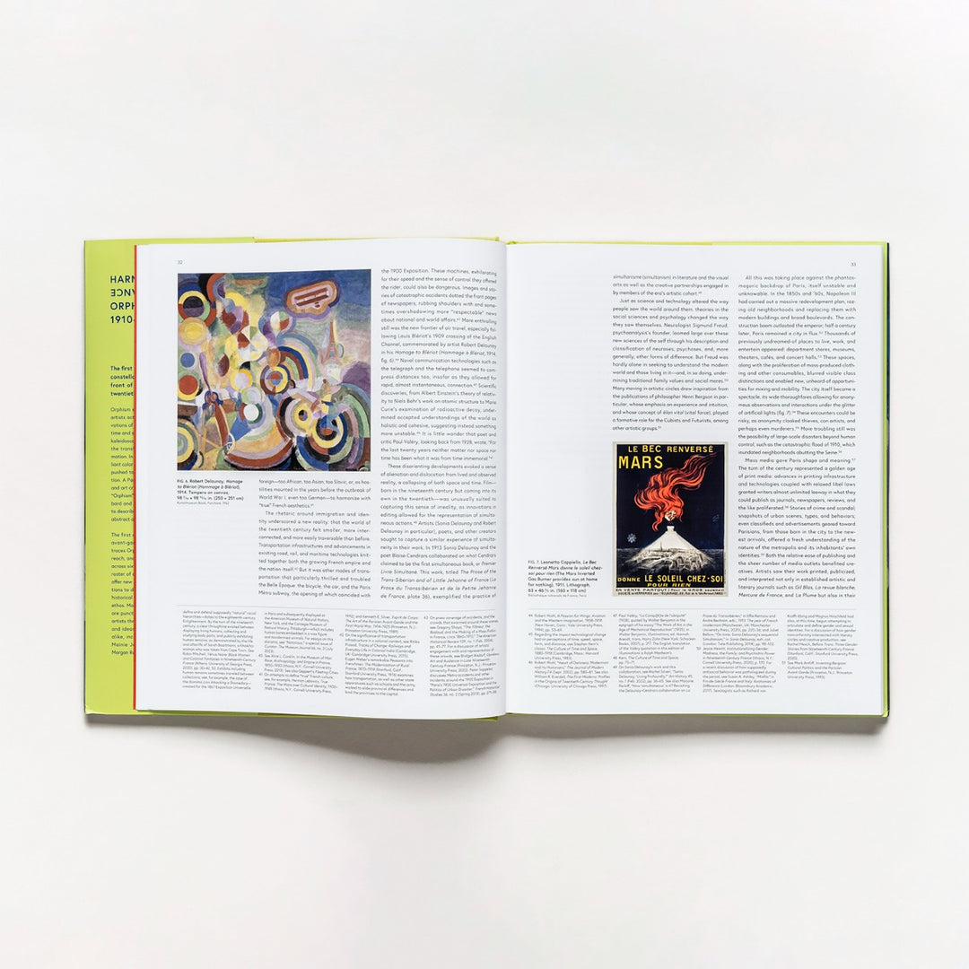 An open book titled "Harmony and Dissonance: Orphism in Paris, 1910–1930" displays dense text, a vivid Orphist abstract painting on the left, and a vintage Mars poster featuring a red figure on the right—all set against a white backdrop.