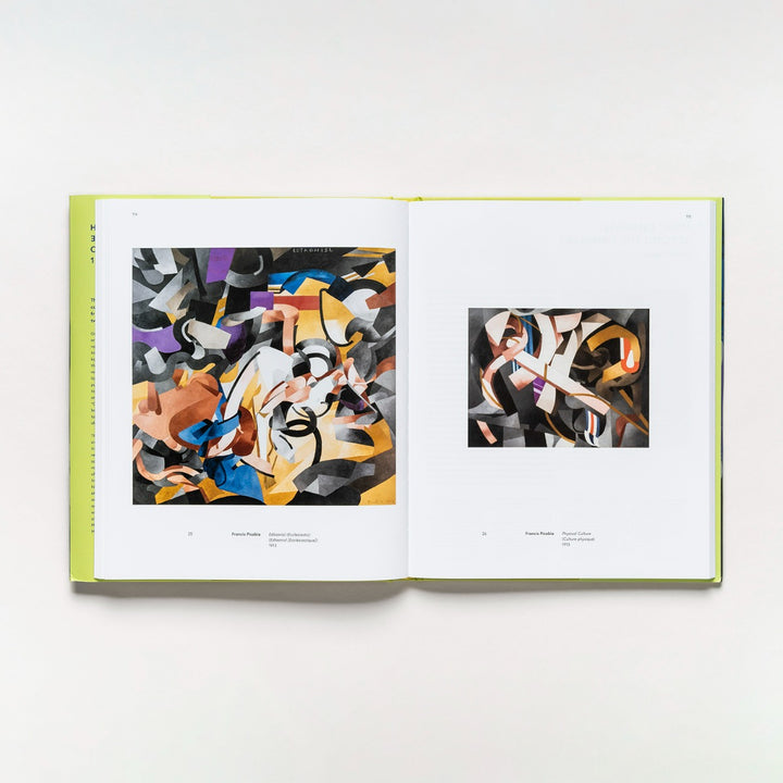 An open book, "Harmony and Dissonance: Orphism in Paris, 1910–1930," showcases two abstract artworks—one with swirling Orphist shapes and the other with angular forms in white, brown, and peach inspired by Paris’s modern art scene.