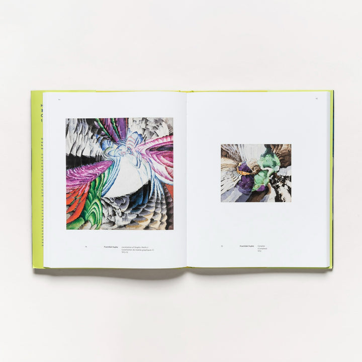 An open book, "Harmony and Dissonance: Orphism in Paris, 1910–1930," displays two vibrant abstract artworks with layered, swirling shapes—bold and colorful on the left page, with a smaller yet similar piece on the right.