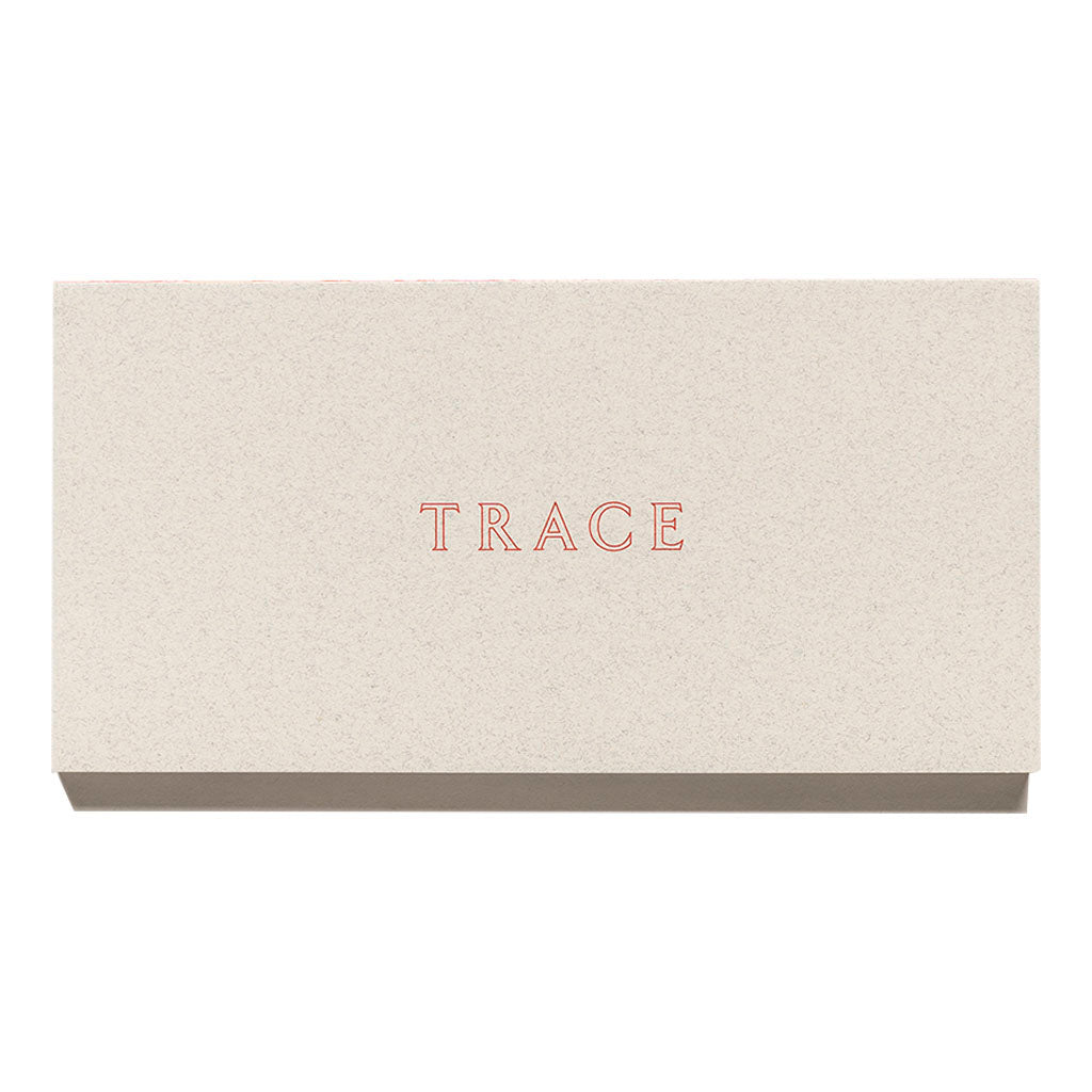 A rectangular beige box labeled "Jenny Holzer: TRACE" in bold red letters is centered on the lid, evoking a minimalist artist’s book style against a plain white background.