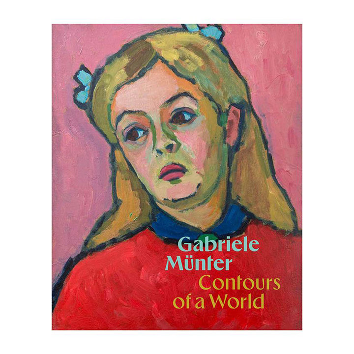 Hardcover art book cover for "Gabriele Münter: Contours of a World," featuring an expressionist portrait of a young girl with a pink background, painted in bold colors and brushstrokes.
