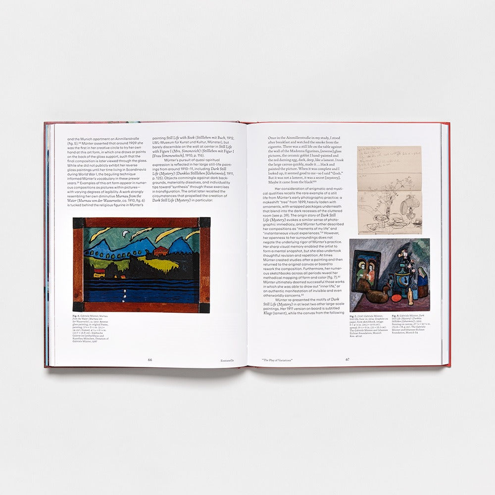 The open hardcover of "Gabriele Münter: Contours of a World" reveals two white pages dated 2025, with text and three artworks: a vibrant landscape, a pencil figure sketch, and an expressive painting of two figures in a room.