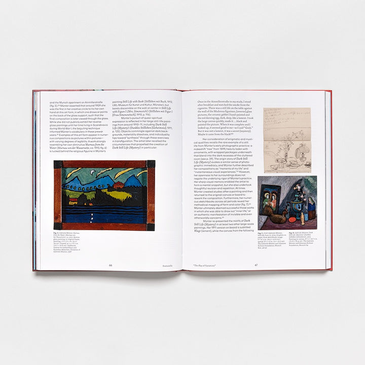 The open hardcover of "Gabriele Münter: Contours of a World" reveals two white pages dated 2025, with text and three artworks: a vibrant landscape, a pencil figure sketch, and an expressive painting of two figures in a room.