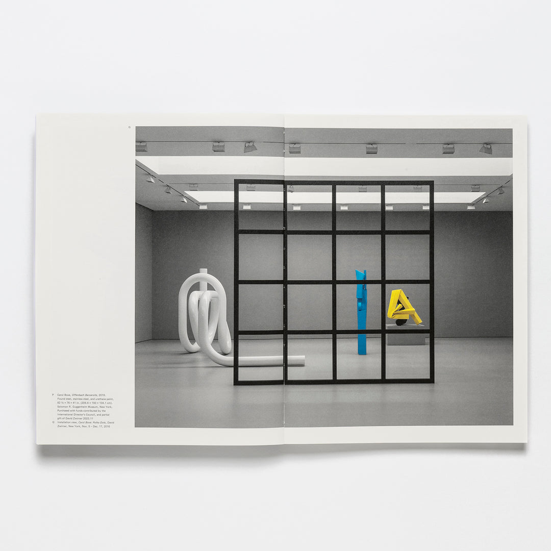 Open Carol Bove Exhibition Catalogue by Guggenheim Museum, featuring abstract collage sculptures behind a black grid.