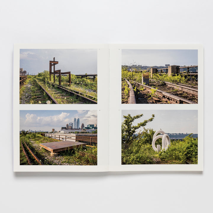 Four photos of an urban park with Carol Bove sculptures, featured in the Guggenheim Museum's exhibition catalogue.