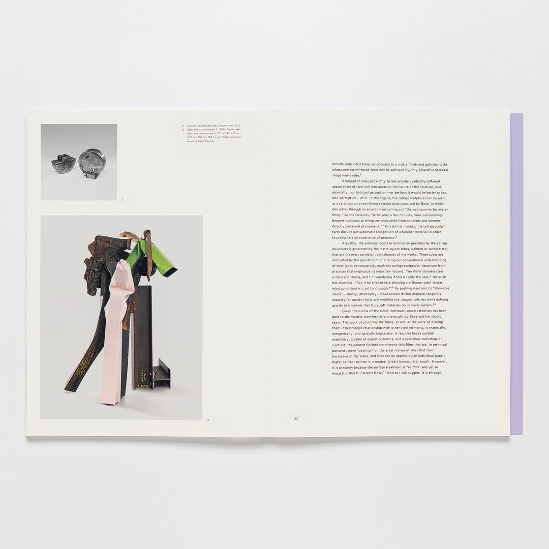 Carol Bove Exhibition Catalogue by Guggenheim Museum open to art photos and text on a white background.