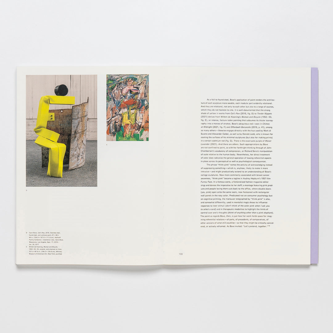 The Carol Bove Exhibition Catalogue by Guggenheim Museum shows collage sculptures left, large text block right.