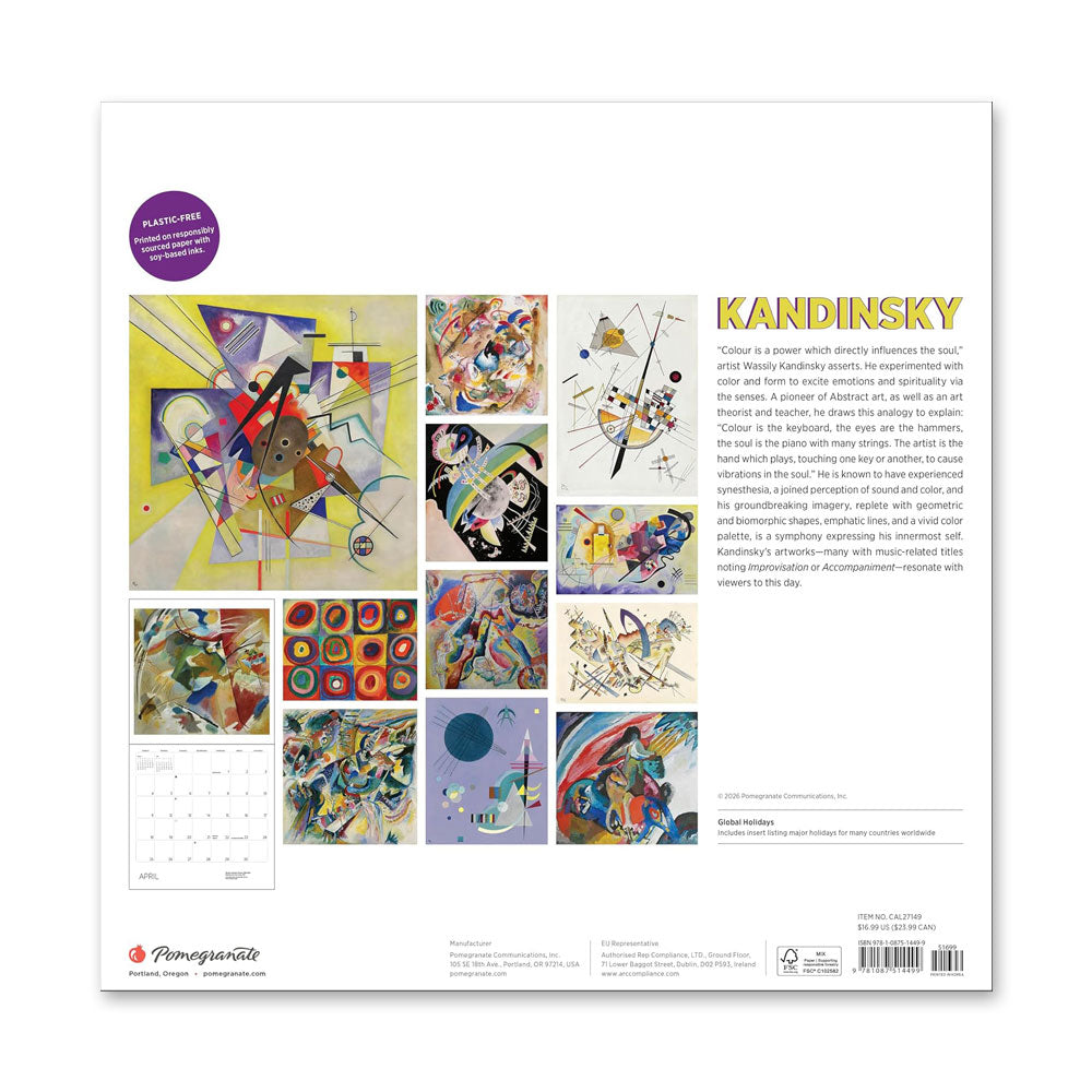 Back of the Guggenheim Museum Kandinsky 2027 Wall Calendar shows abstract art and a sample grid.