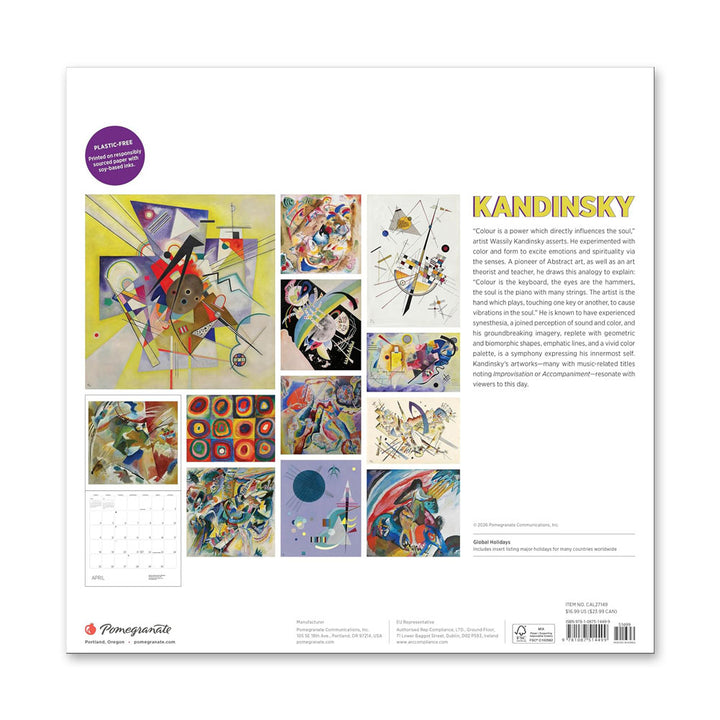 Back of the Guggenheim Museum Kandinsky 2027 Wall Calendar shows abstract art and a sample grid.
