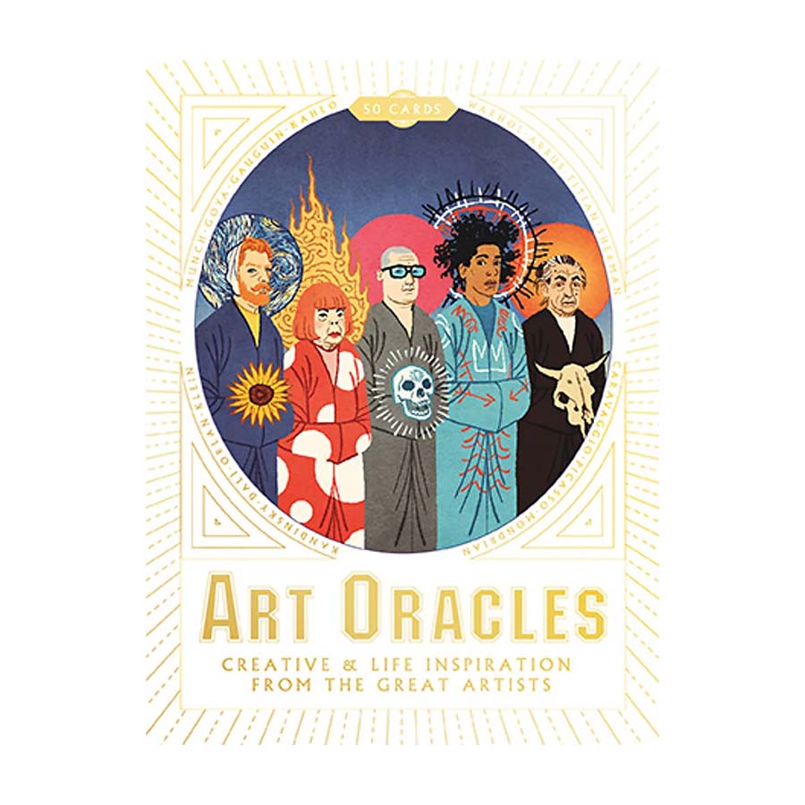 The cover of Art Oracles features five renowned artists with vibrant backgrounds and symbols, all under the title “Art Oracles: Creative & Life Inspiration from the Great Artists,” offering inspiration and creative guidance.