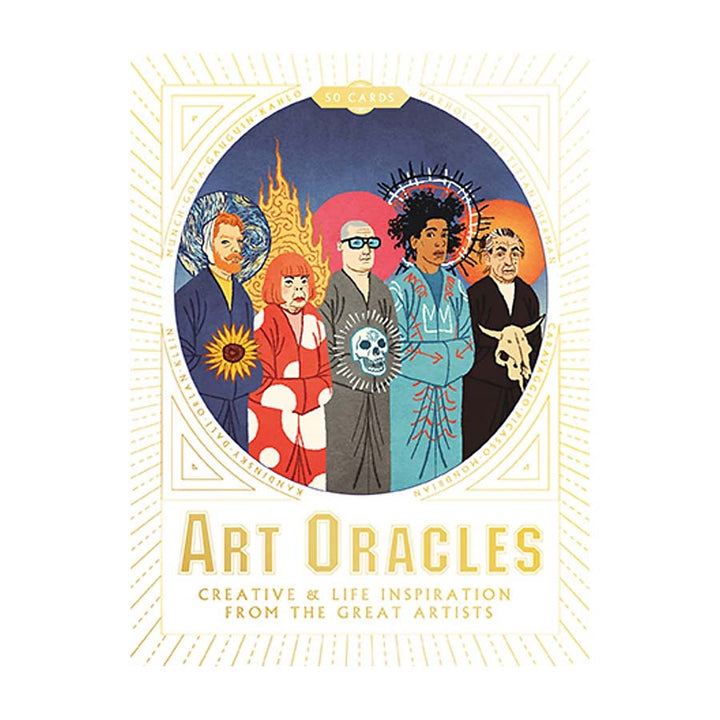 The cover of Art Oracles features five renowned artists with vibrant backgrounds and symbols, all under the title “Art Oracles: Creative & Life Inspiration from the Great Artists,” offering inspiration and creative guidance.