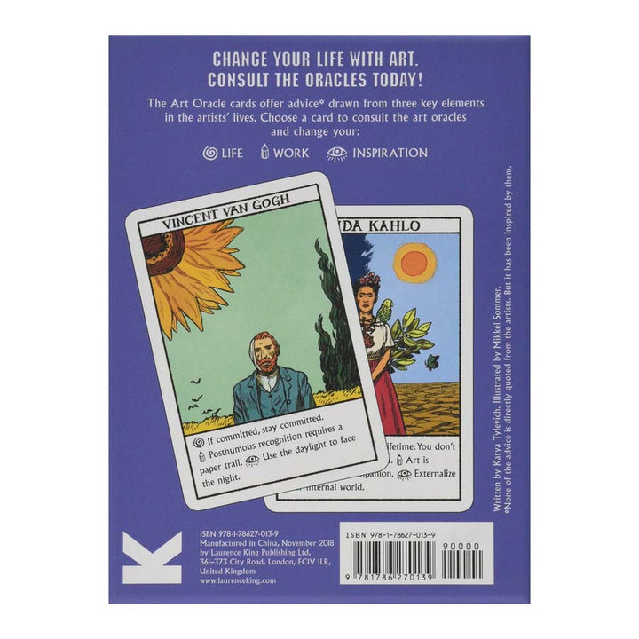 Two illustrated Art Oracles cards featuring Vincent van Gogh and Frida Kahlo appear on the back cover of the book, set against a purple background with white text highlighting creative inspiration from these unique oracle cards.