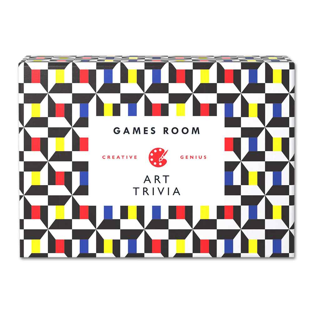 The Art Trivia Game comes in a rectangular box with geometric black, white, blue, red, and yellow patterns. The center features "Games Room Creative Genius Art Trivia" and a red artist palette—ideal for art history quiz nights.