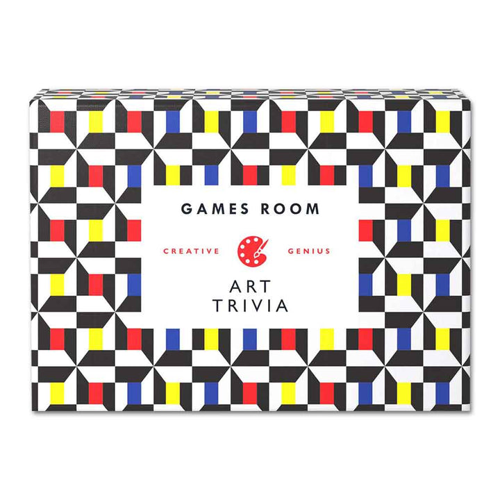 The Art Trivia Game comes in a rectangular box with geometric black, white, blue, red, and yellow patterns. The center features "Games Room Creative Genius Art Trivia" and a red artist palette—ideal for art history quiz nights.