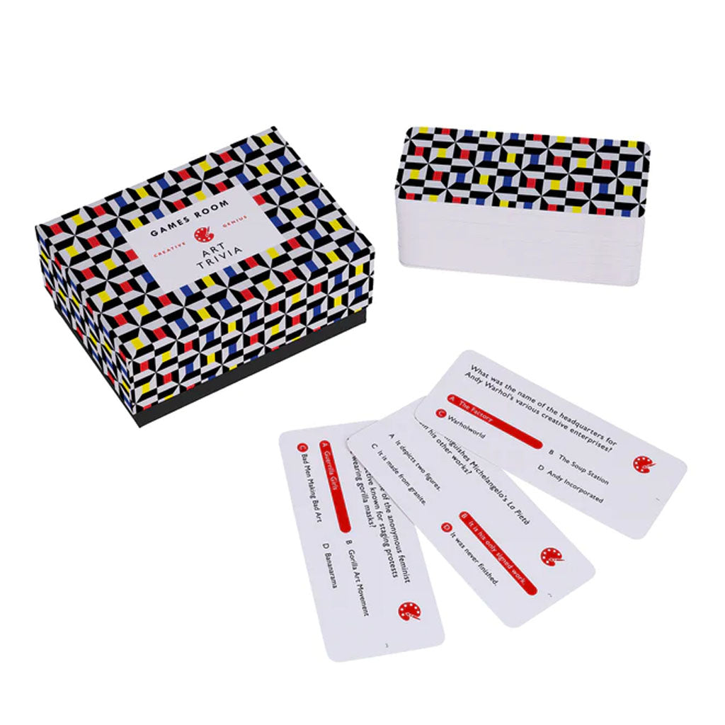 The Art Trivia Game features a geometric-patterned box, a stack of art knowledge cards with white backgrounds and black/red text, plus three cards displayed with questions and answers.