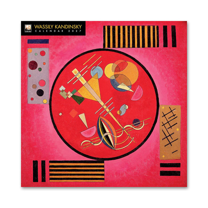 Bold red abstract art with geometric shapes from the Kandinsky 2027 Art Calendar by Guggenheim, yellow/black border.