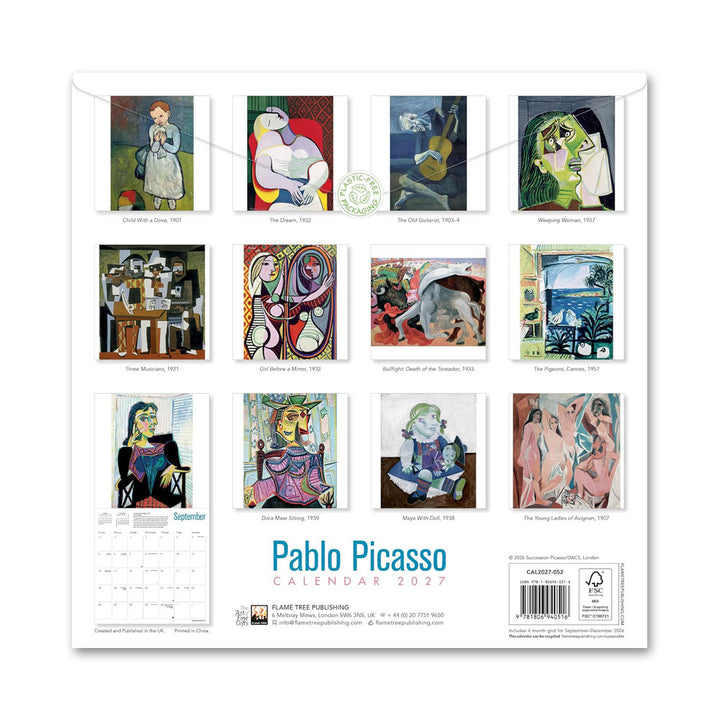 Back cover of the Guggenheim Museum Pablo Picasso 2027 Wall Calendar showing thumbnails of his paintings for each month.