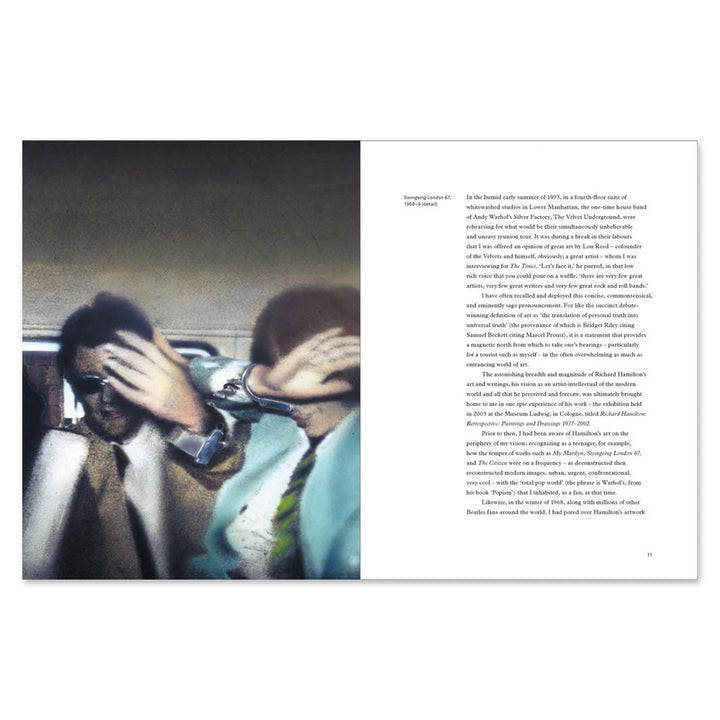A blurred photo and printed text evoke Pop art on "Modern World: The Art of Richard Hamilton" by Guggenheim Museum.