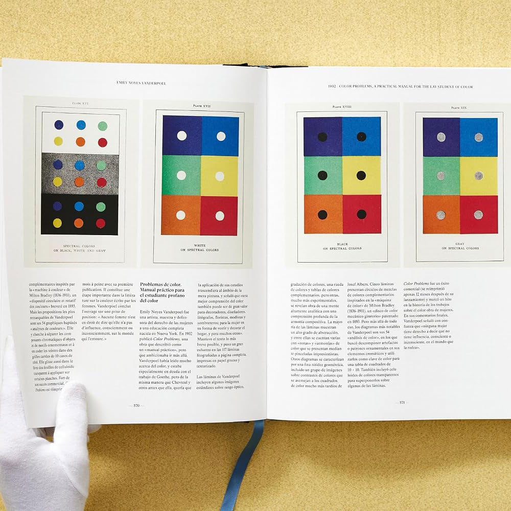 A hand holds open Guggenheim Museum’s The Book of Colour Concepts (Classics) on a yellow surface.