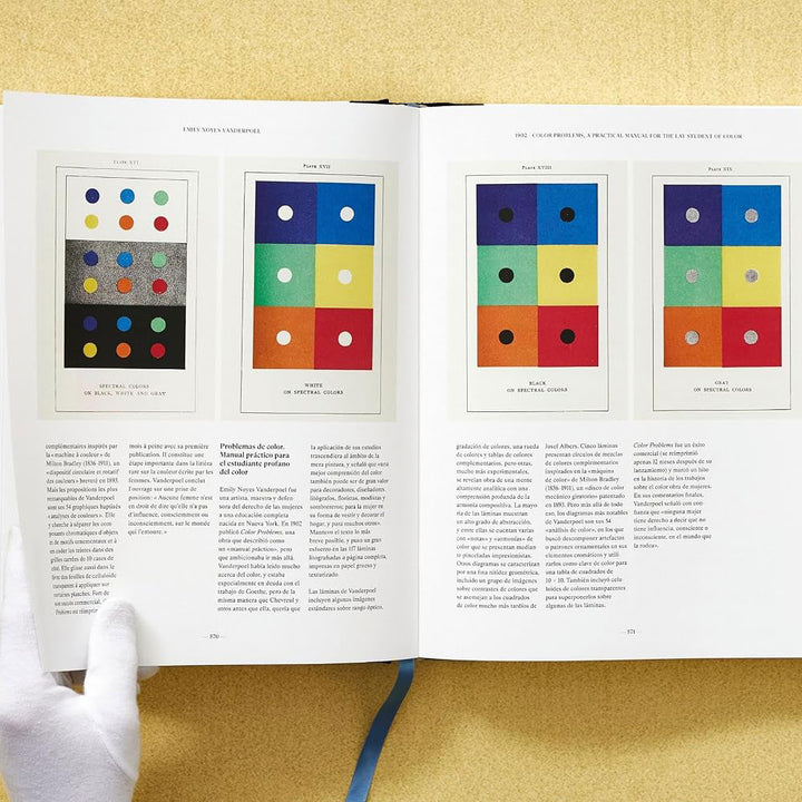 A hand holds open Guggenheim Museum’s The Book of Colour Concepts (Classics) on a yellow surface.
