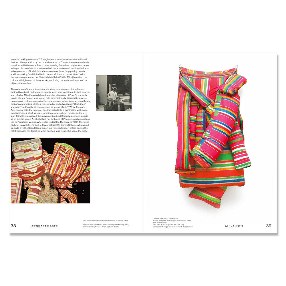 Two-page spread from "Marta Minujín: Arte! Arte! Arte!" by Guggenheim Museum with photos, text, and a striped outfit.