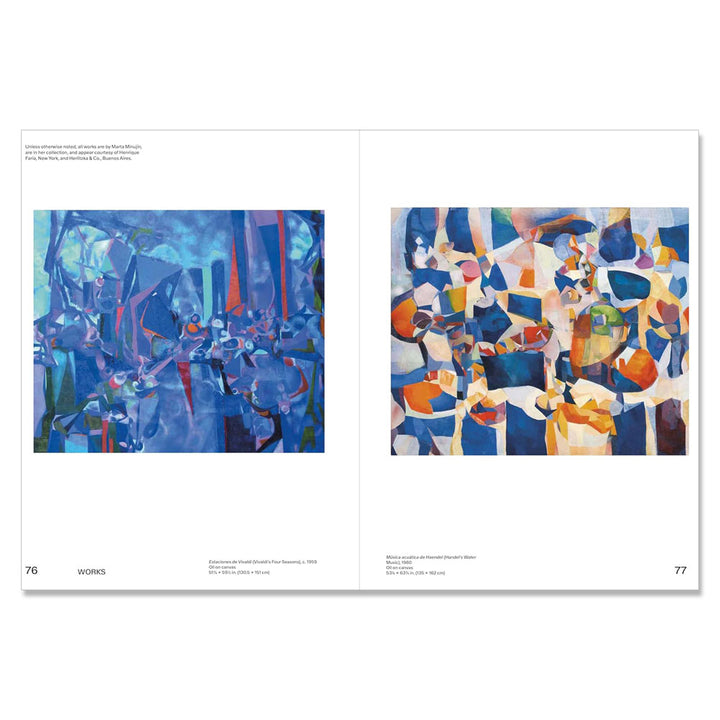 Two abstract works with blue and orange hues from "Marta Minujín: Arte! Arte! Arte!" by the Guggenheim Museum are featured.