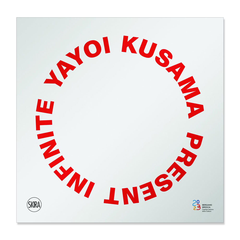 Red text in a circle reads Yayoi Kusama: Present Infinite, with Guggenheim Museum logos in two corners on white.