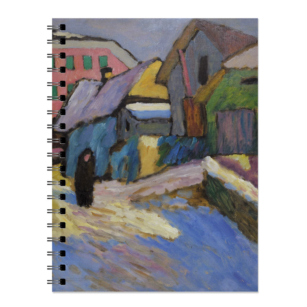 The Gabriele Münter, Snow and Sun Spiral Sketchbook features 60 sheets of 9 x 12 paper and a cover with an impressionist painting of a snowy village street, colorful buildings, and a solitary dark-clad figure.