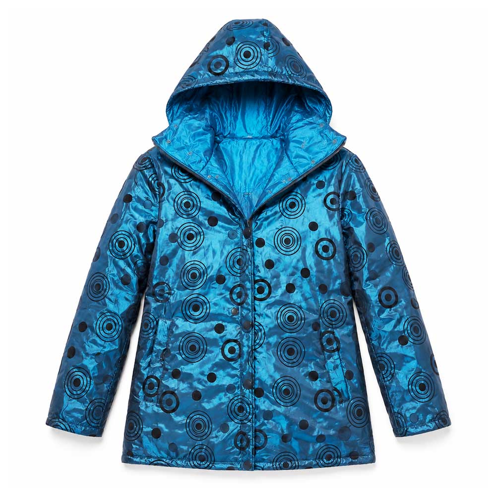 Circle Design Reversible Puffer Jacket, Blue, a water-resistant hooded jacket with a black circular pattern.