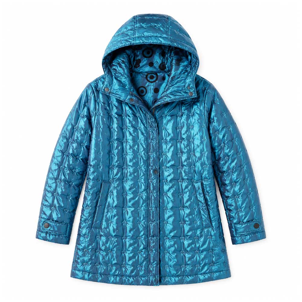 Blue water-resistant Circle Design Reversible Puffer Jacket with a quilted geometric pattern and hood.
