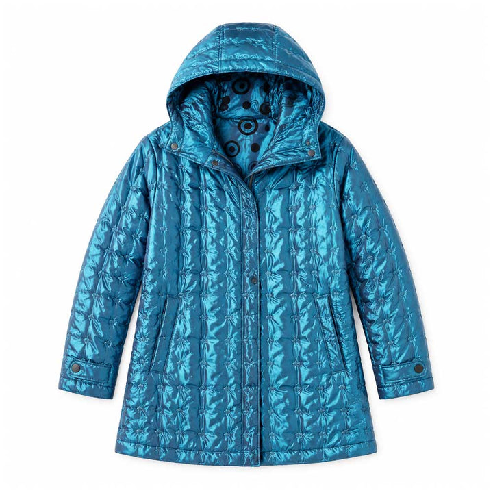 Blue water-resistant Circle Design Reversible Puffer Jacket with a quilted geometric pattern and hood.