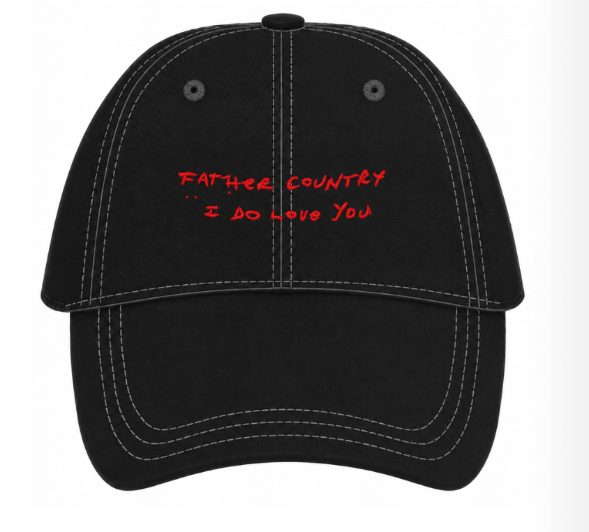 Black Guggenheim Museum Taryn Simon Cap with white stitching and red embroidered text: FATHER COUNTRY I DO LOVE YOU.