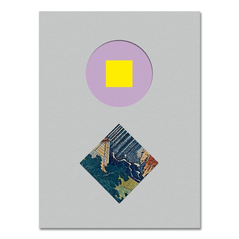 Abstract art piece with a purple circle and yellow square on a gray background