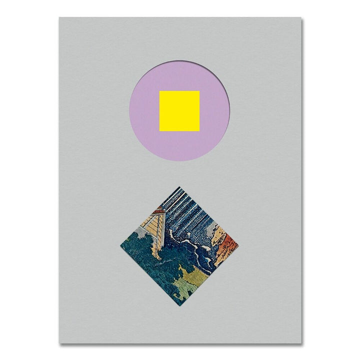 Abstract art piece with a purple circle and yellow square on a gray background