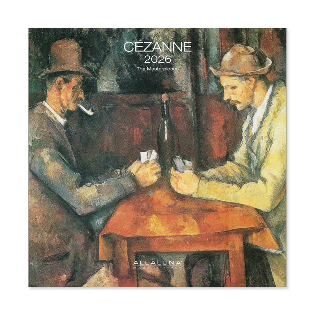 Two men in hats play cards at a wooden table with a bottle between them. The Cezanne 2026 Wall Calendar showcases his iconic masterpieces, making it the perfect addition to any space. Size: 12" x 12".
