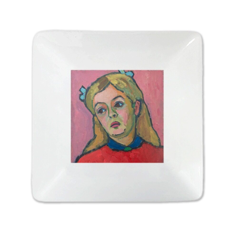 The Gabriele Münter, Head of a Young Girl Trinket Tray is a 4.5-inch square white porcelain plate featuring a central painting of a blonde girl with blue bows, red top, and pink background.