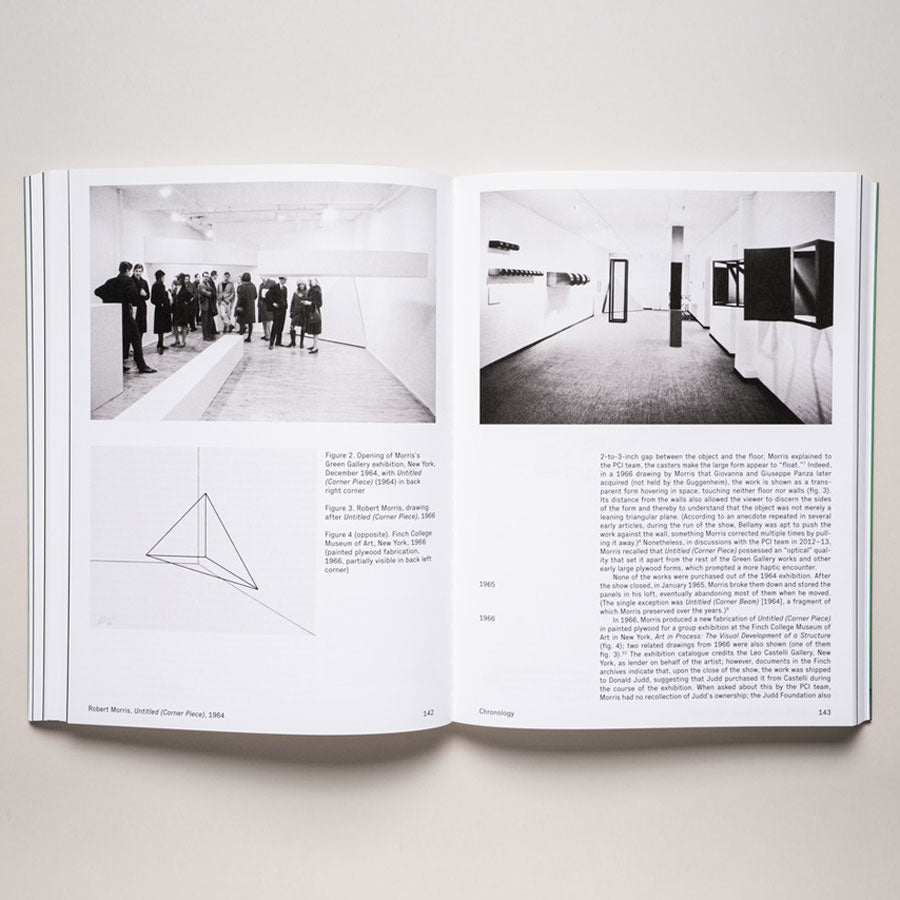 An open book—Object Lessons: Case Studies in Minimal Art—reveals black-and-white photos of people viewing Conceptual and Minimalist art installations, including wall displays from the Guggenheim Panza Collection Initiative.