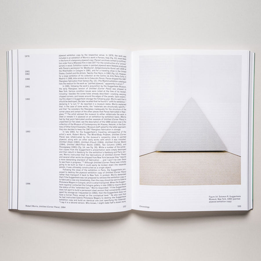 An open book from Object Lessons: Case Studies in Minimal Art shows text on the left and a minimalist photo of Robert Morris’s Untitled (Corner Piece), 1964, against a white background on the right. The caption reads: “Figure 1.10.”.